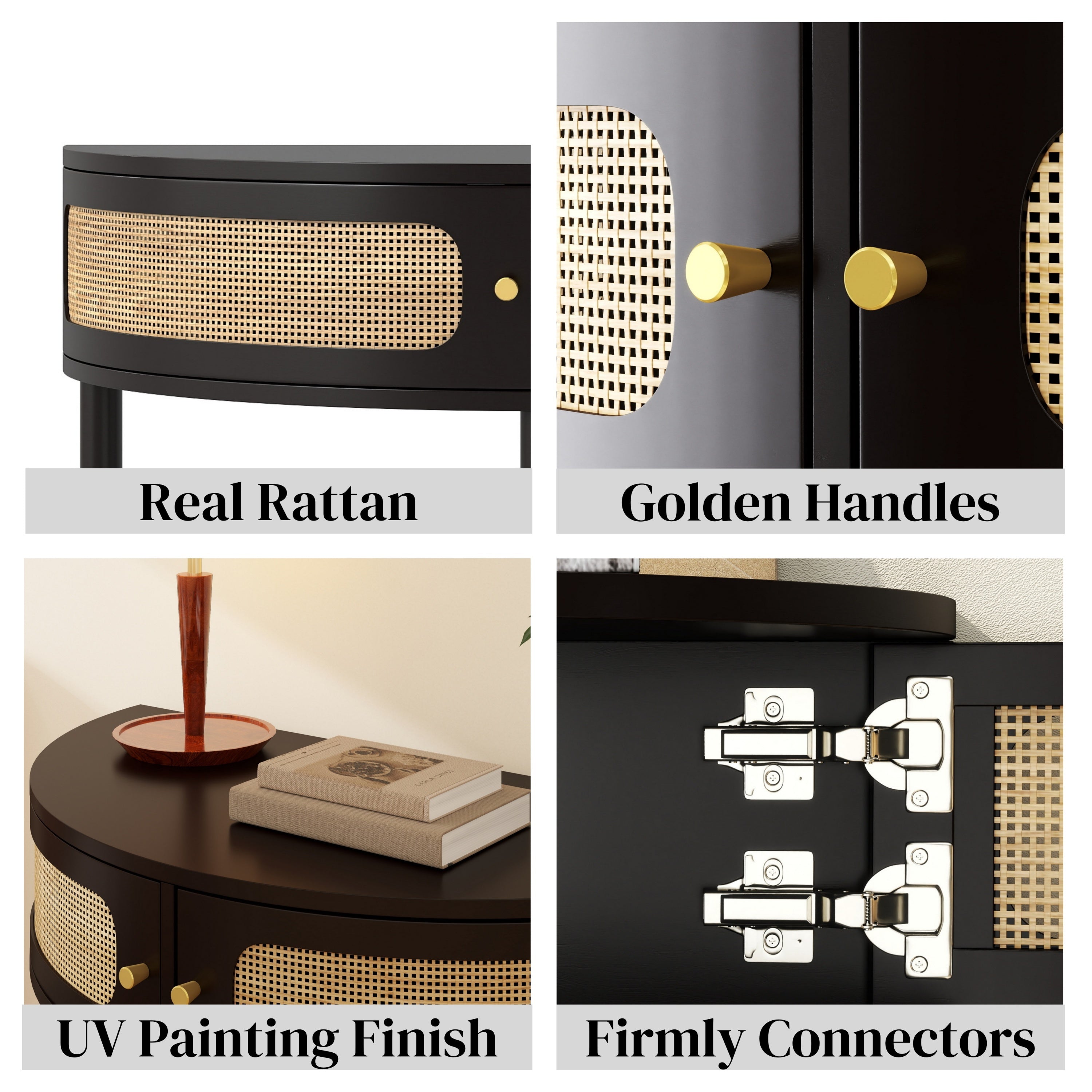 Rattan semi-circle end table with sliding door from Anthony & Home, featuring a natural woven finish and compact design.