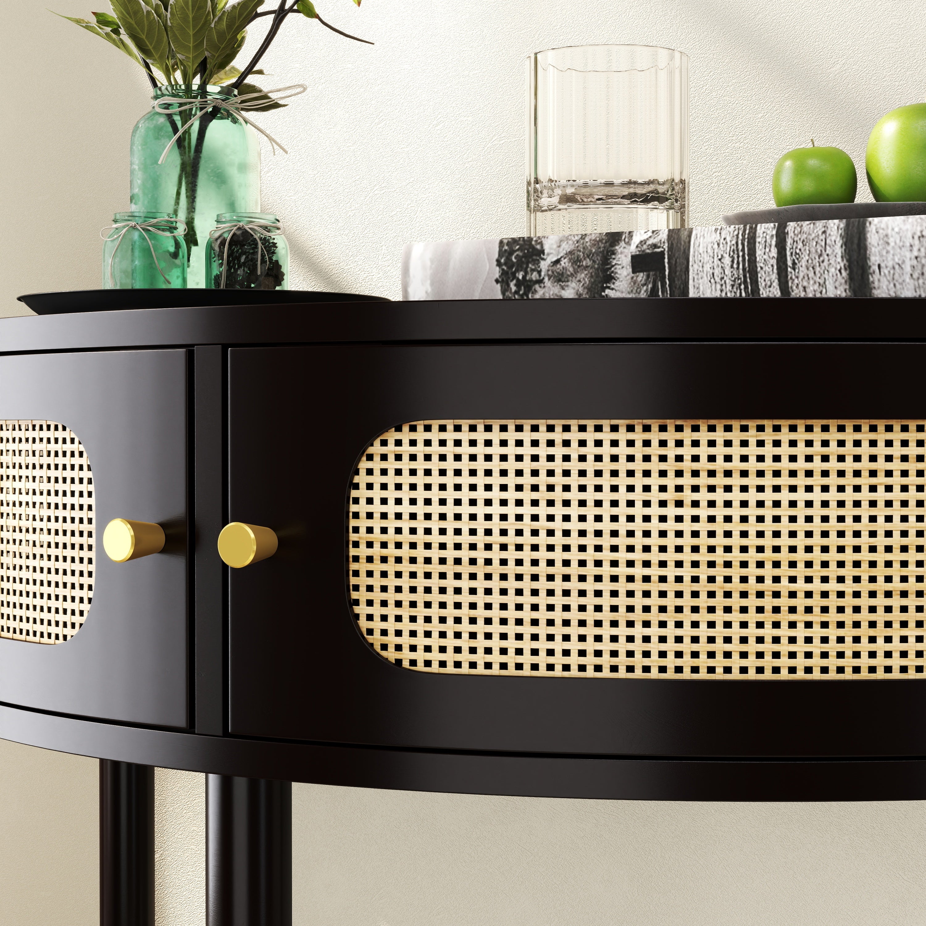 Rattan semi-circle end table with sliding door, stylish home decor by Anthony & Home, featuring natural woven rattan design.