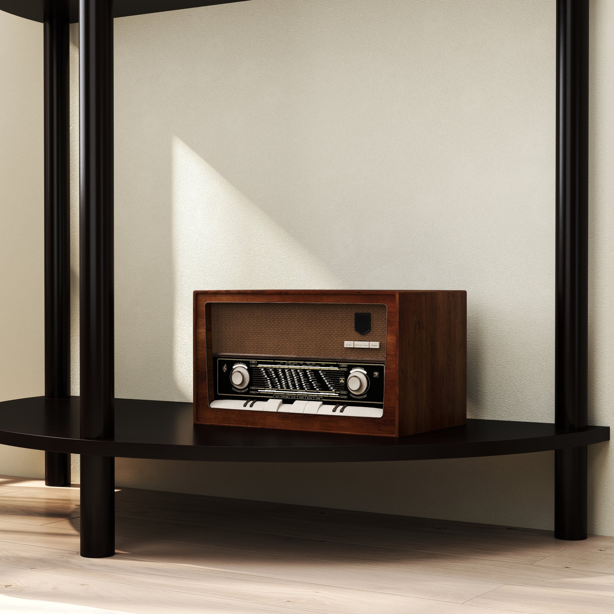 Rattan semi-circle end table with sliding door by Anthony & Home, featuring a stylish woven design and compact storage.