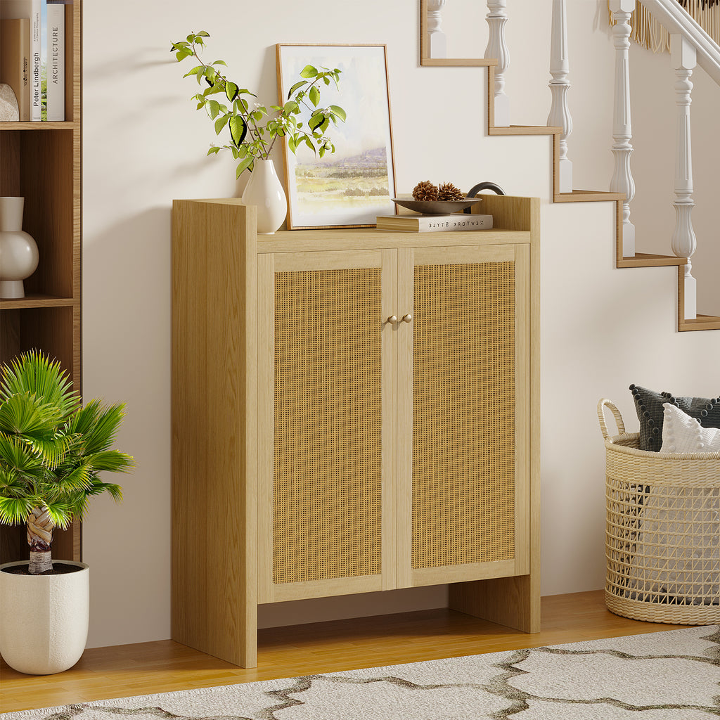 Anthony & Home rattan shoe cabinet with 6-tier wooden shelves in natural finish for stylish, organized footwear storage.