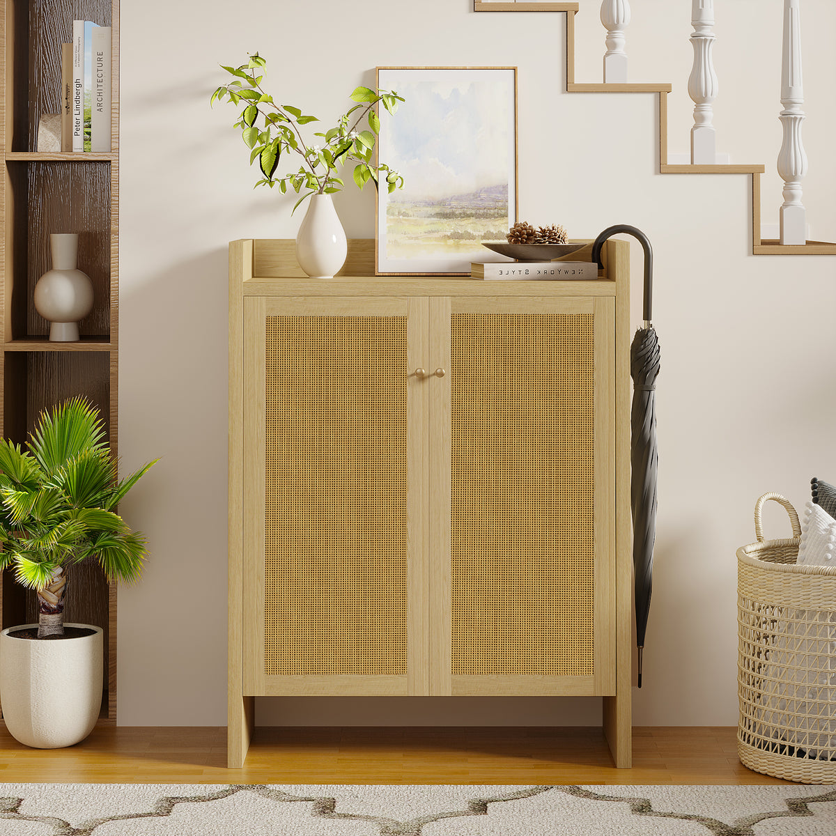 Anthony & Home rattan shoe cabinet with 6-tier wooden shelves and natural finish, freestanding design from the Atelier Collection.