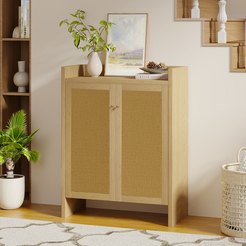 Anthony & Home rattan shoe cabinet with 6-tier wooden shelves in natural finish, freestanding design from the Atelier Collection.