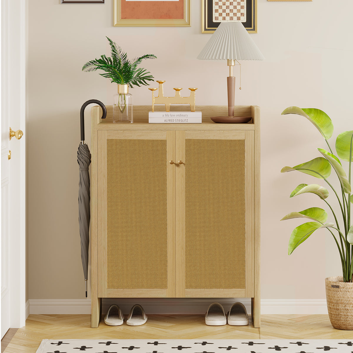 Anthony & Home rattan 6-tier shoe cabinet with natural wood finish, freestanding storage for organizing footwear.