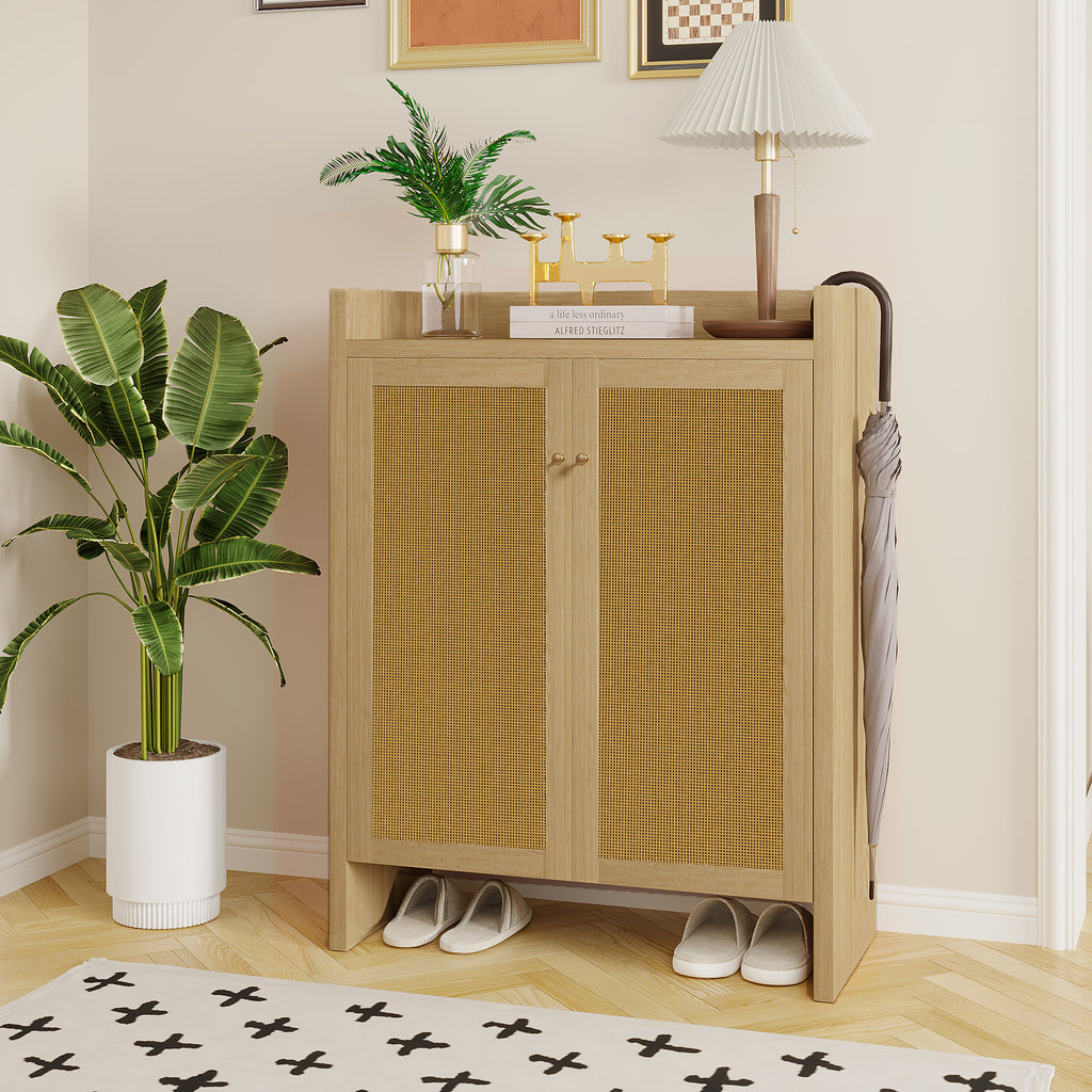 Natural finish Anthony & Home rattan shoe cabinet with 6-tier wood storage, freestanding design from the Atelier Collection.