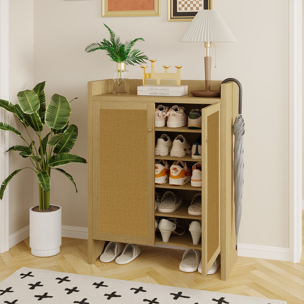 Natural-finish rattan shoe cabinet by Anthony & Home, 6-tier freestanding wooden storage unit with a stylish design.
