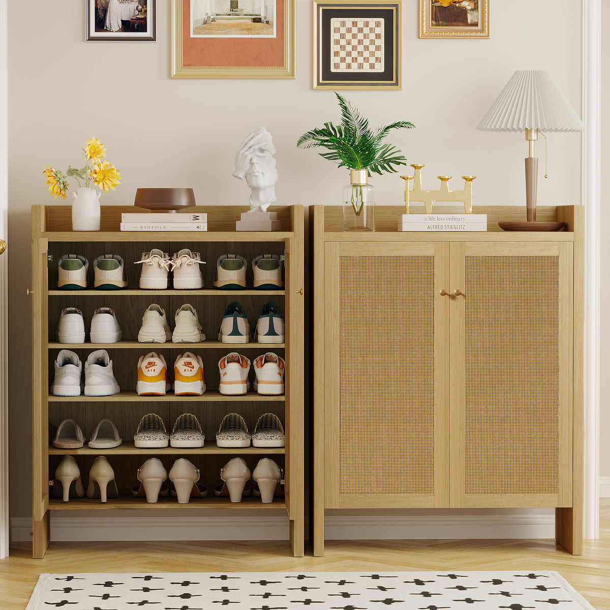 Natural finish Anthony & Home 6-tier rattan shoe cabinet with wooden frame and freestanding design from the Atelier Collection.