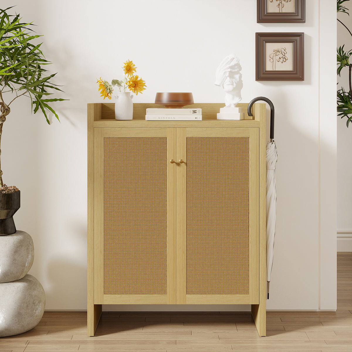 Natural finish Anthony & Home rattan shoe cabinet with 6-tier wooden design, freestanding storage for shoes and accessories.