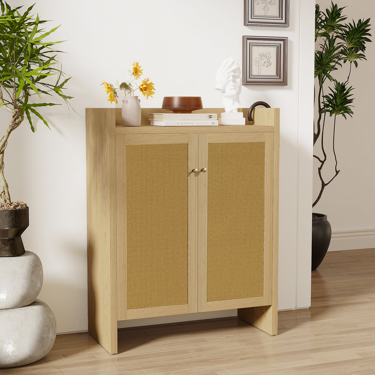 Natural finish rattan shoe cabinet with 6 tiers from Anthony & Home's Atelier Collection, freestanding wooden storage unit