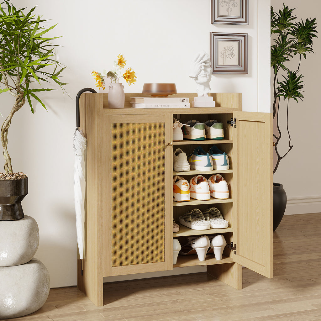 Anthony & Home rattan shoe cabinet with 6 tiers, natural wood finish, freestanding design from the Atelier Collection