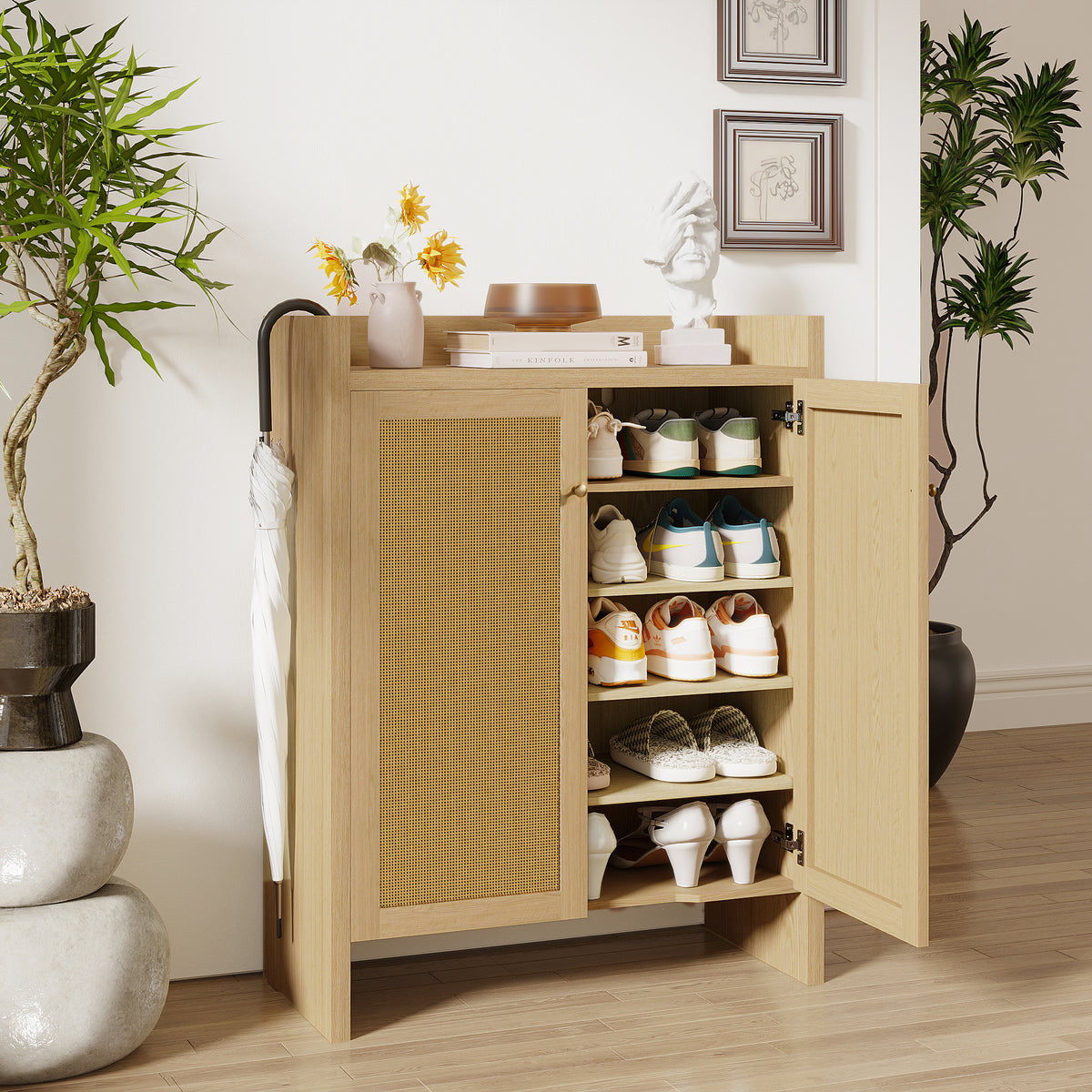 Anthony & Home rattan shoe cabinet with 6 tiers, natural wood finish, freestanding design from the Atelier Collection