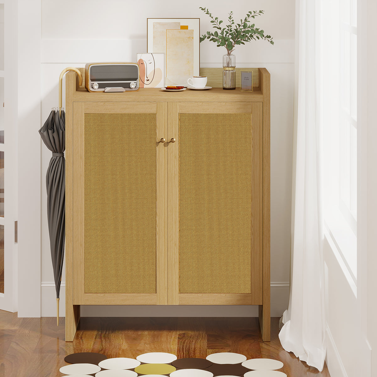 Natural finish Anthony & Home rattan 6-tier shoe cabinet with wood frame for organized footwear storage.