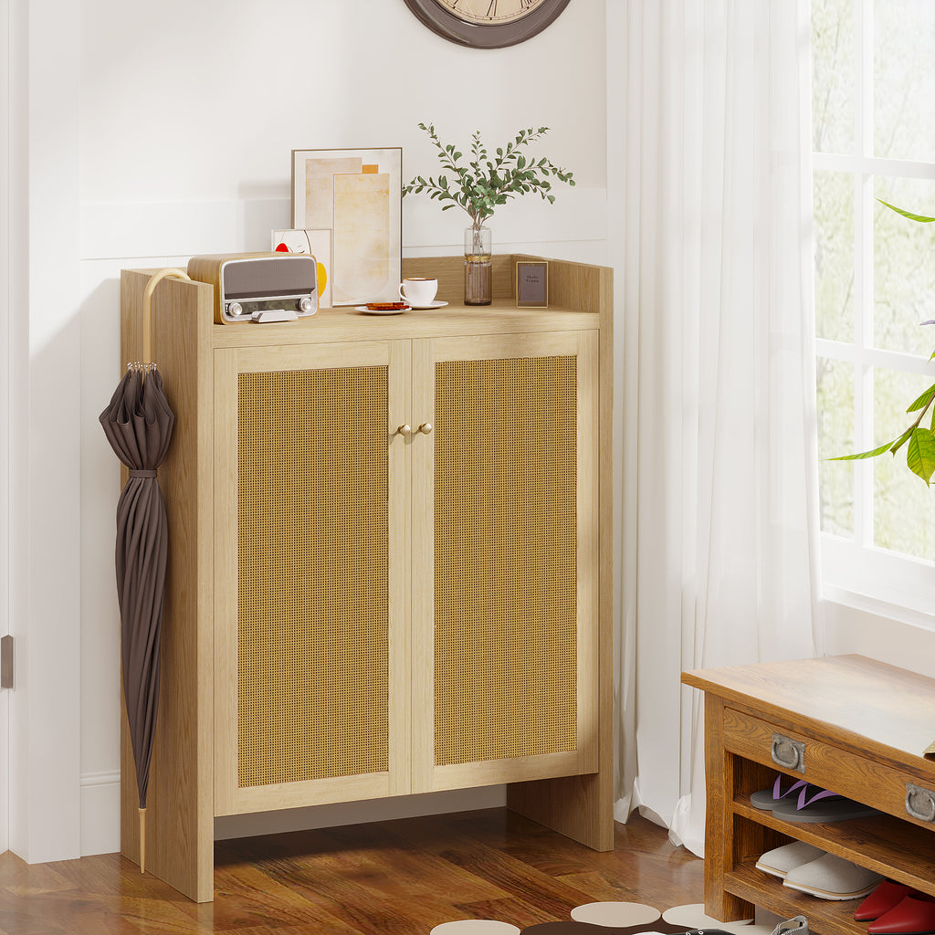 Natural finish rattan shoe cabinet with 6 tiers from Anthony & Home's Atelier Collection, freestanding wood storage for footwear.
