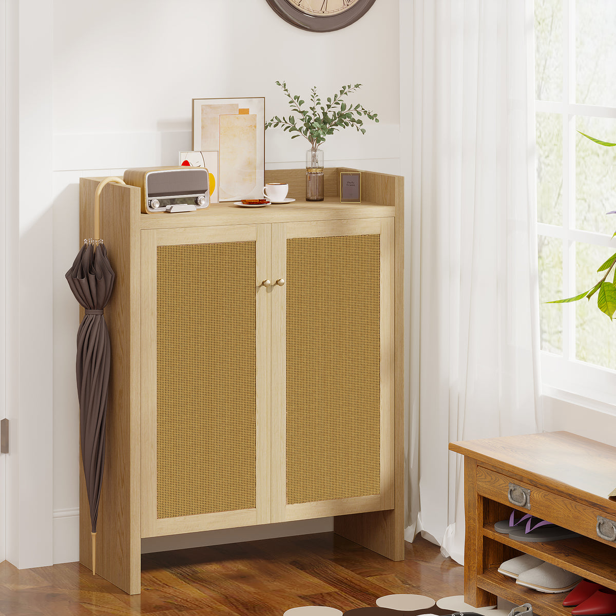 Natural finish rattan shoe cabinet with 6 tiers from Anthony & Home's Atelier Collection, freestanding wood storage for footwear.