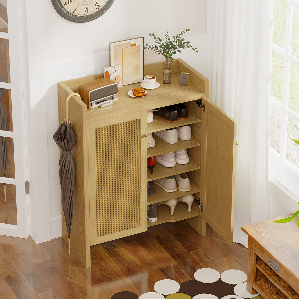 Natural finish rattan 6-tier shoe cabinet by Anthony & Home from the Atelier Collection, freestanding wood storage solution