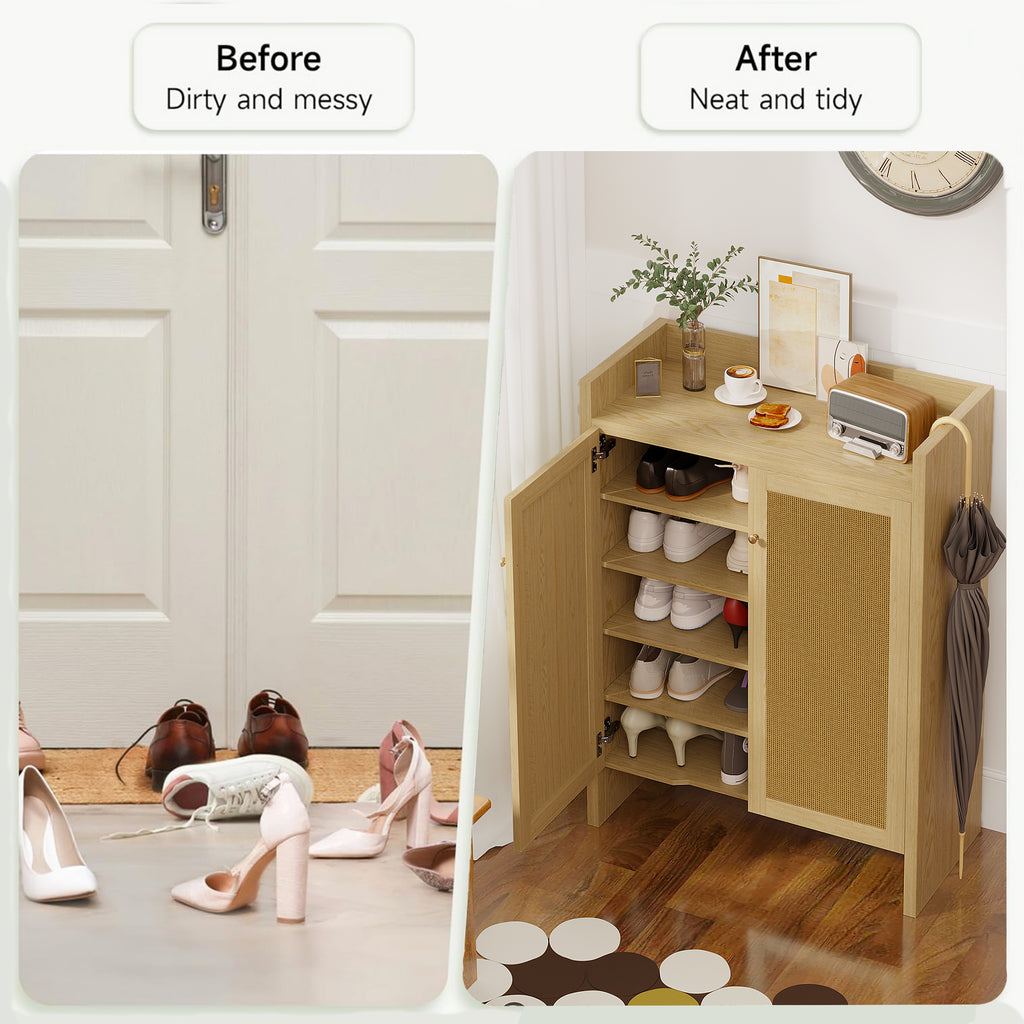 Natural finish Anthony & Home rattan shoe cabinet with 6-tier wood design, freestanding storage for footwear organization