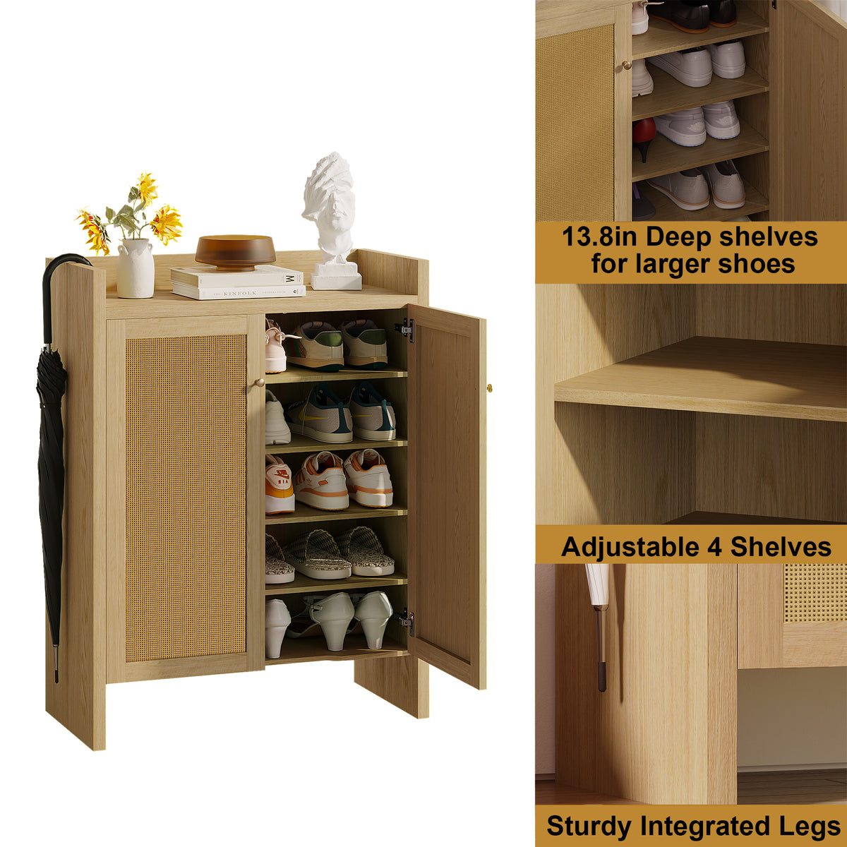 Natural finish rattan shoe cabinet with 6 tiers, freestanding, wooden design from Anthony & Home's Atelier Collection