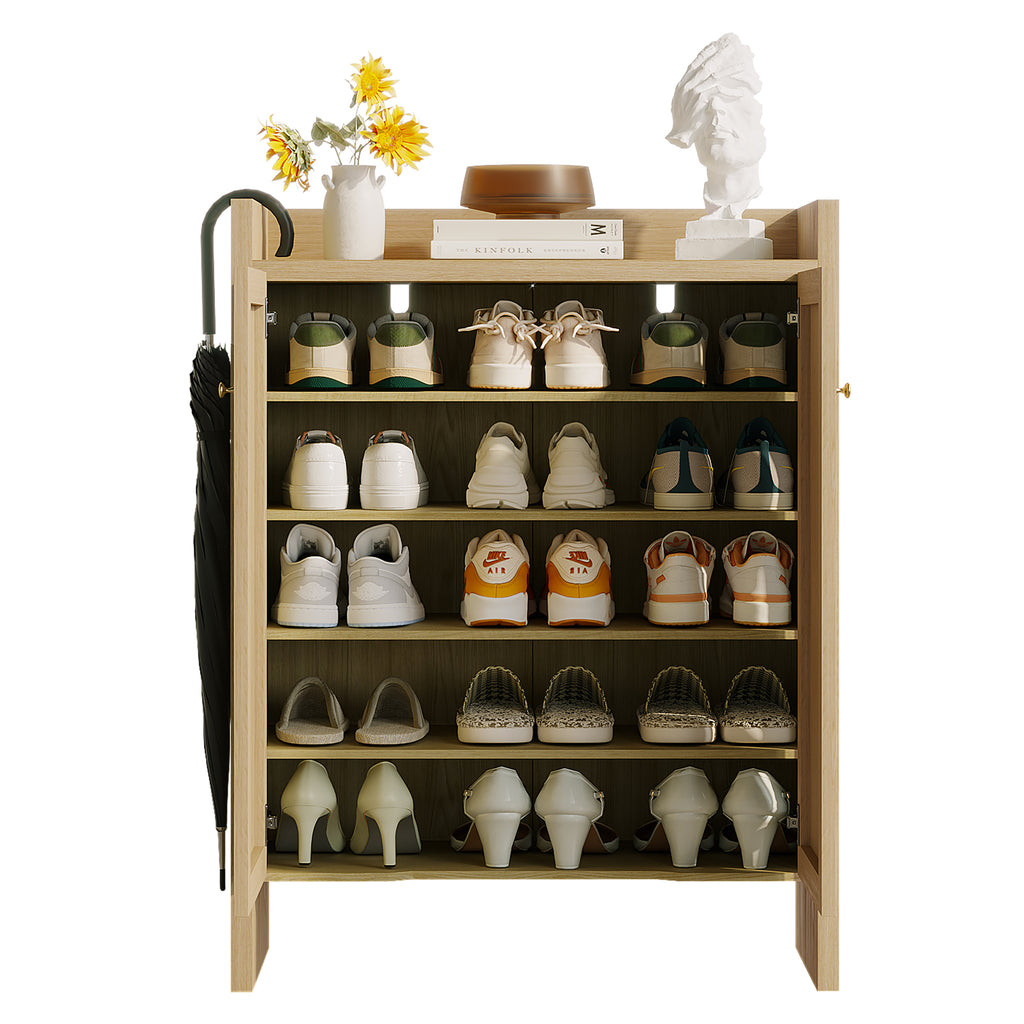 Anthony & Home rattan shoe cabinet with 6-tier wooden shelves, natural finish, freestanding storage for shoes and accessories.
