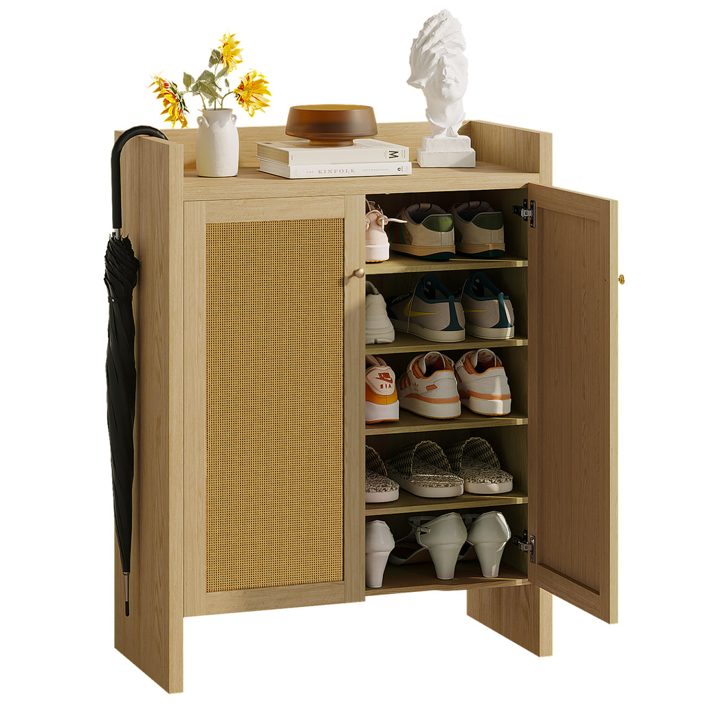 Anthony & Home rattan shoe cabinet with 6-tier wooden shelves in natural finish, freestanding design from the Atelier Collection.