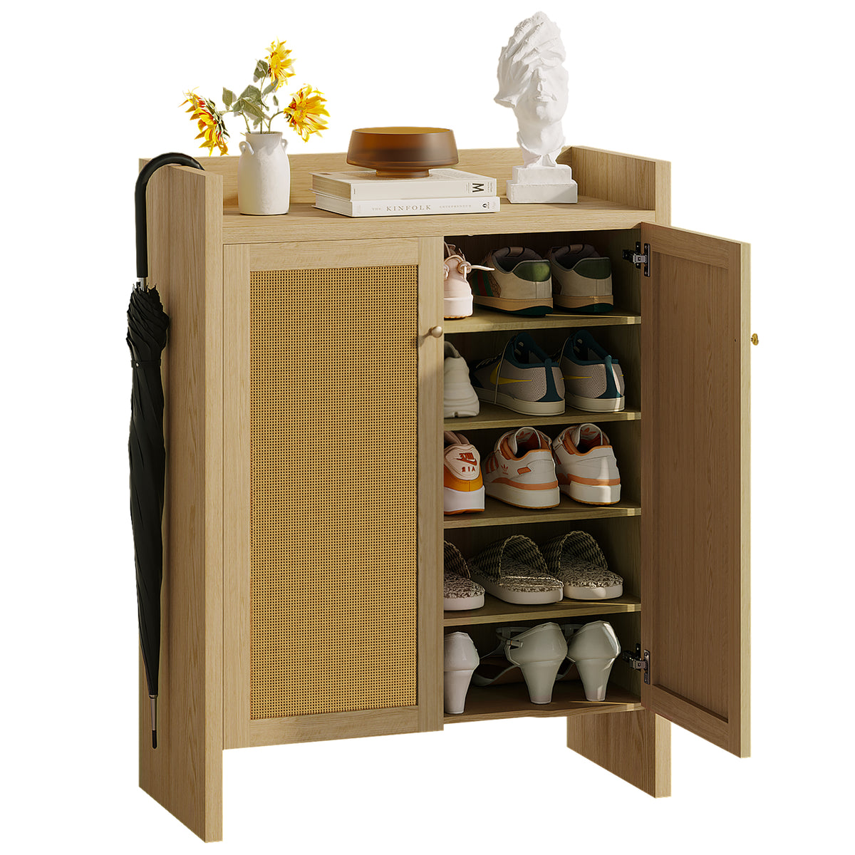 Anthony & Home rattan shoe cabinet with 6-tier wooden shelves in natural finish, freestanding design from the Atelier Collection.