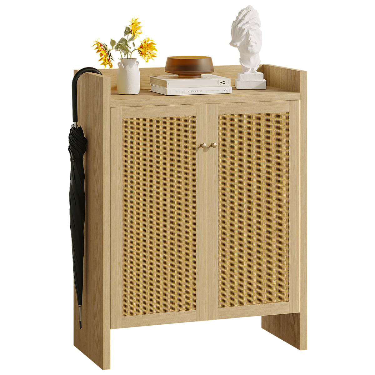 Natural finish rattan shoe cabinet with 6 tiers, freestanding wooden storage unit from Anthony & Home's Atelier Collection.