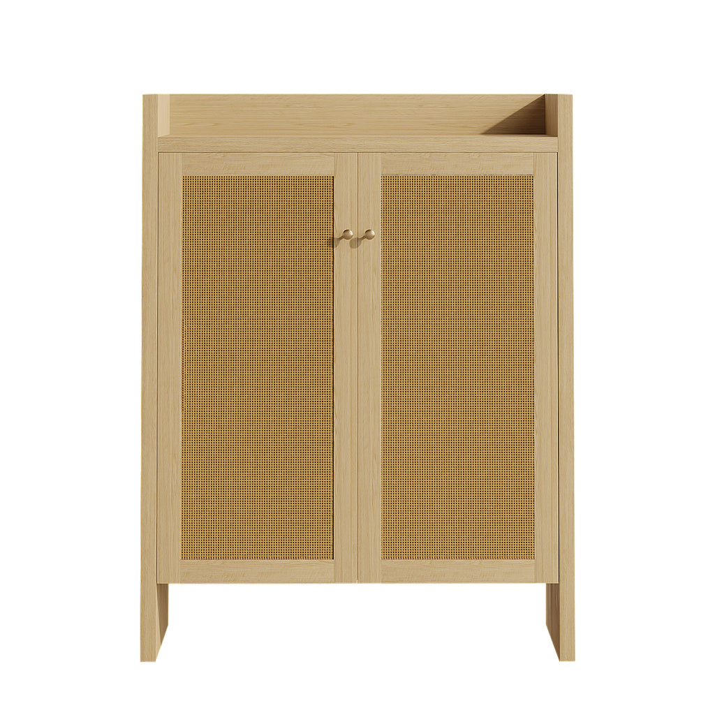 Anthony & Home rattan shoe cabinet with 6 tiers, natural wood finish, freestanding design from the Atelier Collection.