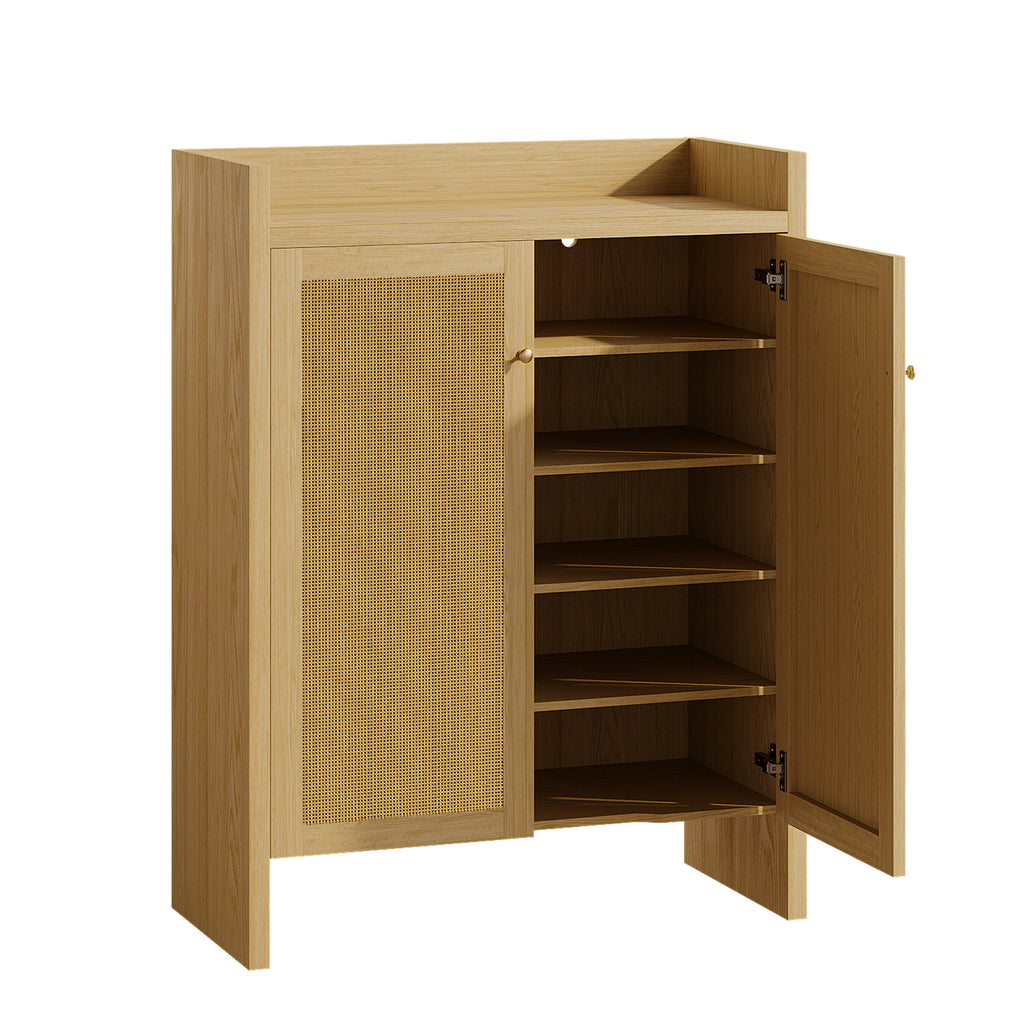 Natural finish rattan shoe cabinet with six-tier wood design from Anthony & Home's Atelier Collection, freestanding storage solution.