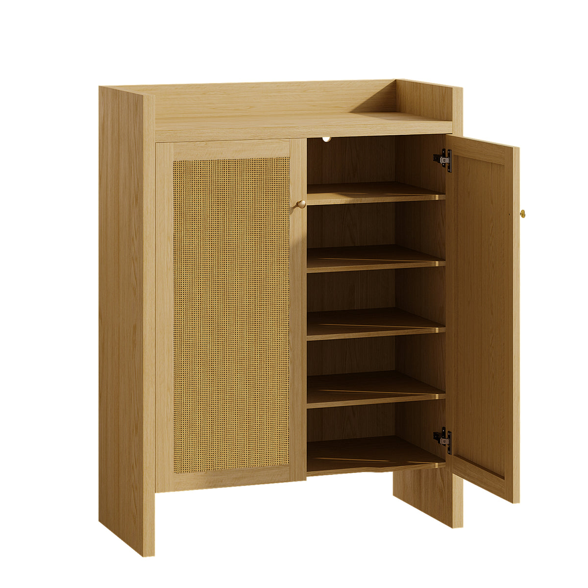 Natural finish rattan shoe cabinet with six-tier wood design from Anthony & Home's Atelier Collection, freestanding storage solution.