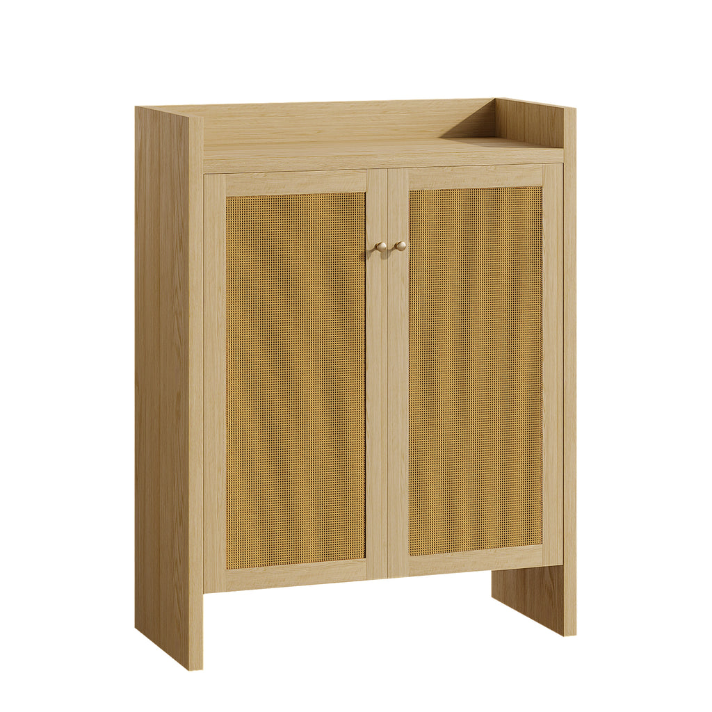 Natural finish rattan shoe cabinet with six tiers, freestanding wood storage unit from Anthony & Home's Atelier Collection