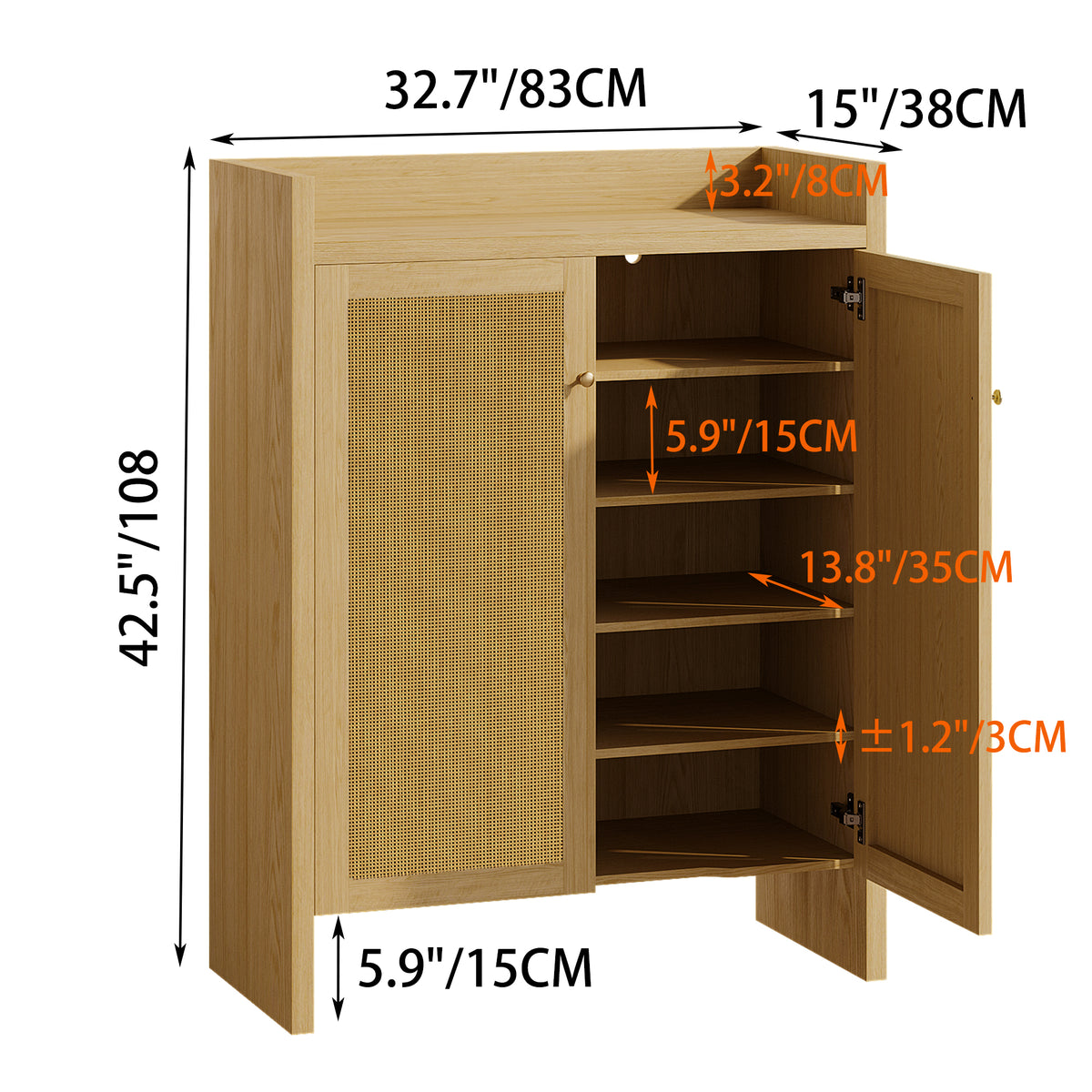 Natural finish rattan shoe cabinet with 6-tier wood shelves from Anthony & Home's Atelier Collection, freestanding and stylish.