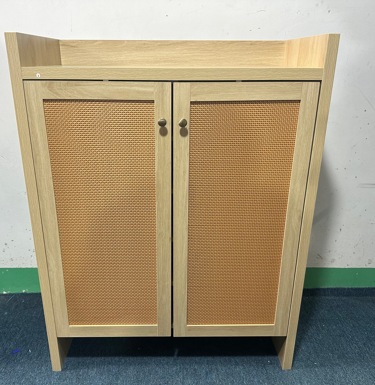 Rattan shoe cabinet with 6 tiers, natural wood finish, freestanding design from Anthony & Home's Atelier Collection.