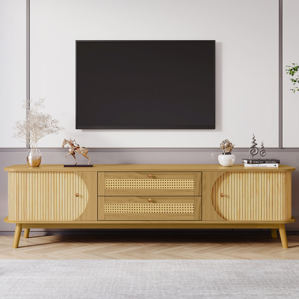 Rattan television console from Anthony & Home with open shelving and woven rattan details, ideal for modern living rooms.