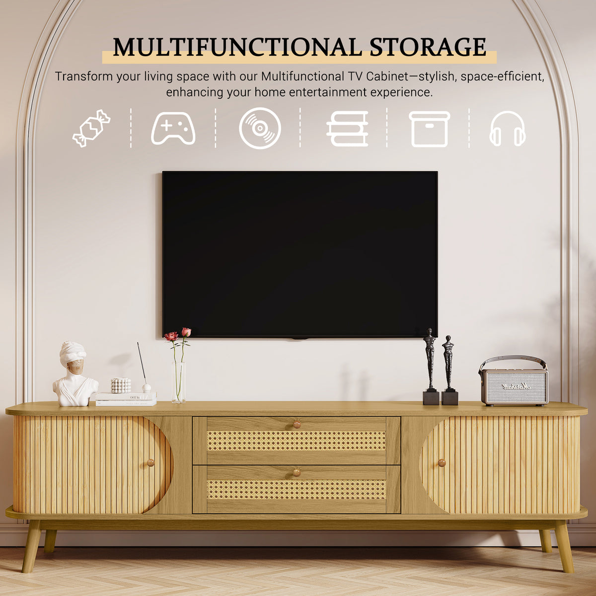 Anthony & Home rattan television console in a modern studio setting, showcasing its stylish woven rattan design and storage space.
