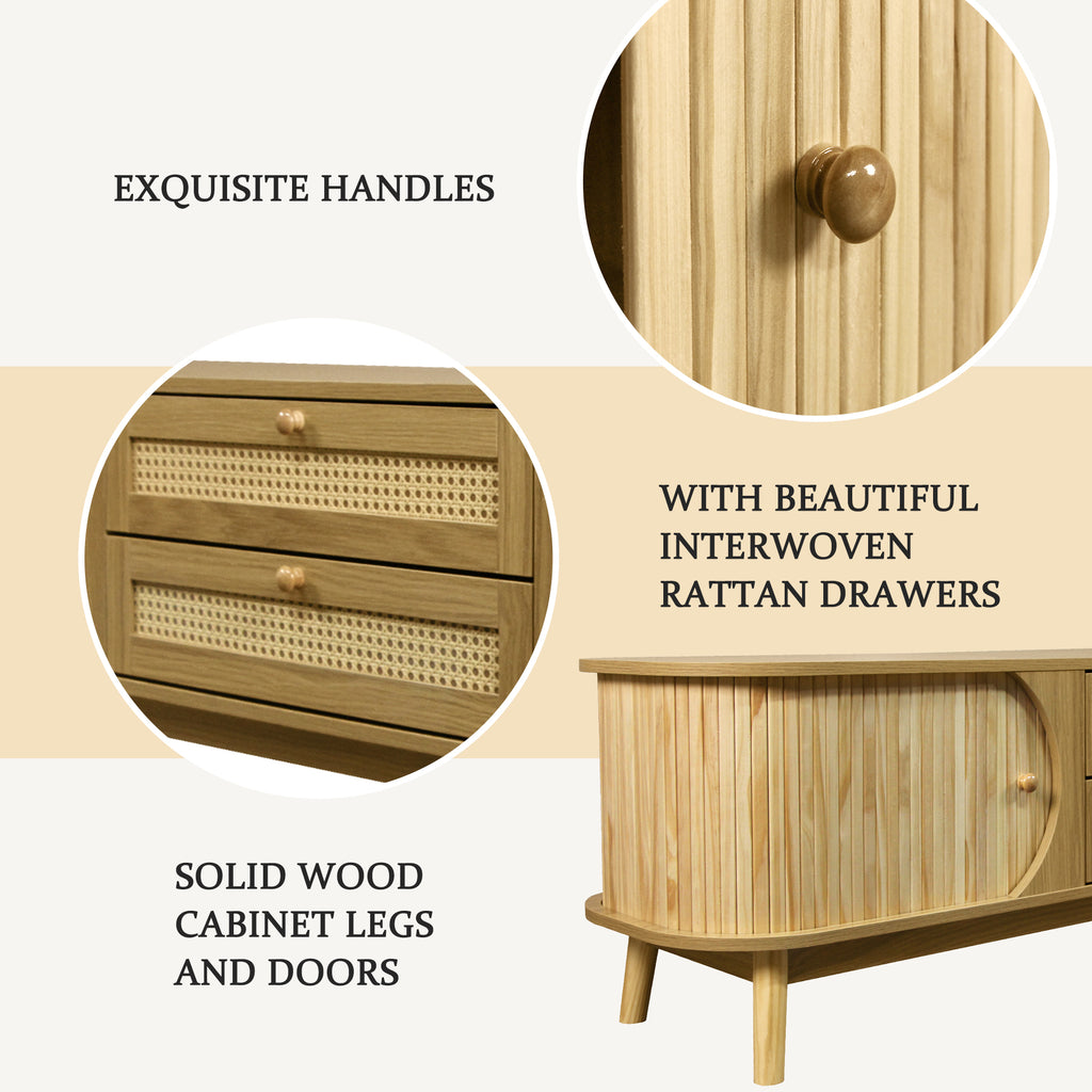 Rattan television console by Anthony & Home featuring a natural woven design and spacious storage shelf.