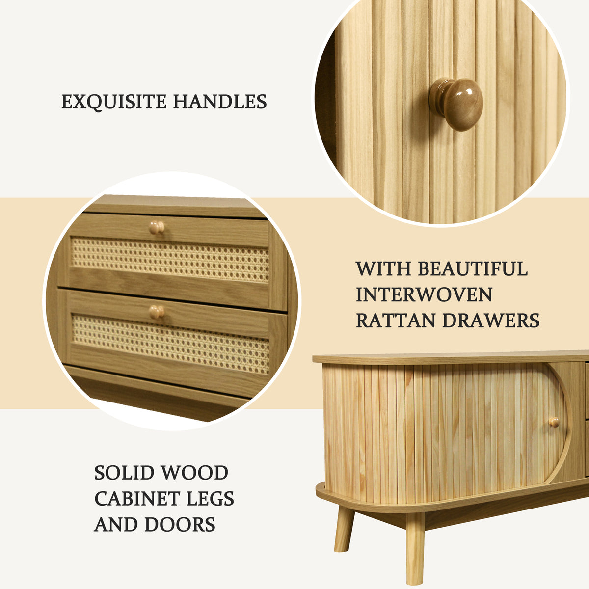 Rattan television console by Anthony & Home featuring a natural woven design and spacious storage shelf.