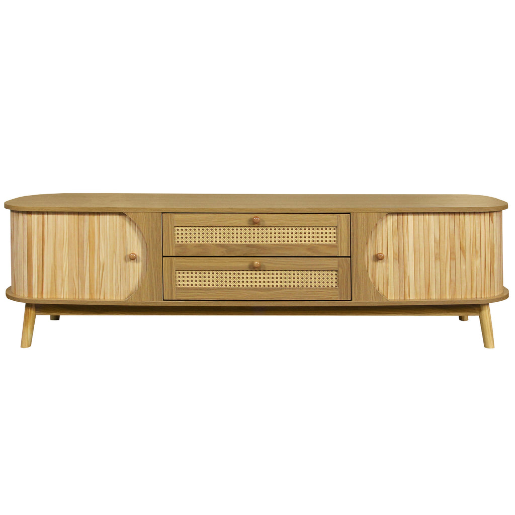 Rattan Anthony & Home studio television console with open shelves and natural woven rattan design.