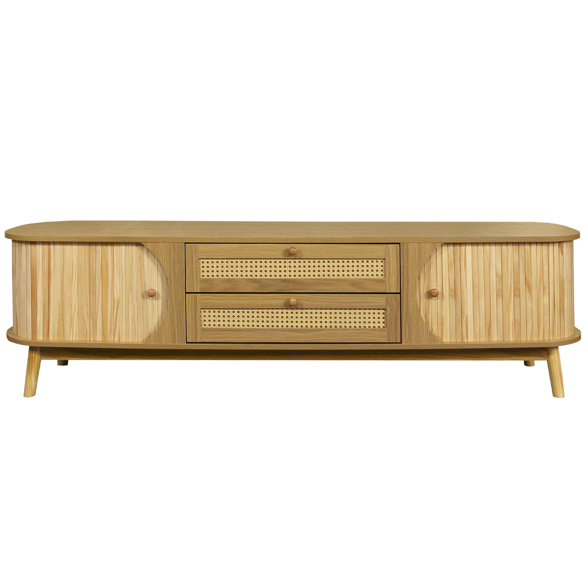 Rattan Anthony & Home studio television console with open shelves and natural woven rattan design.