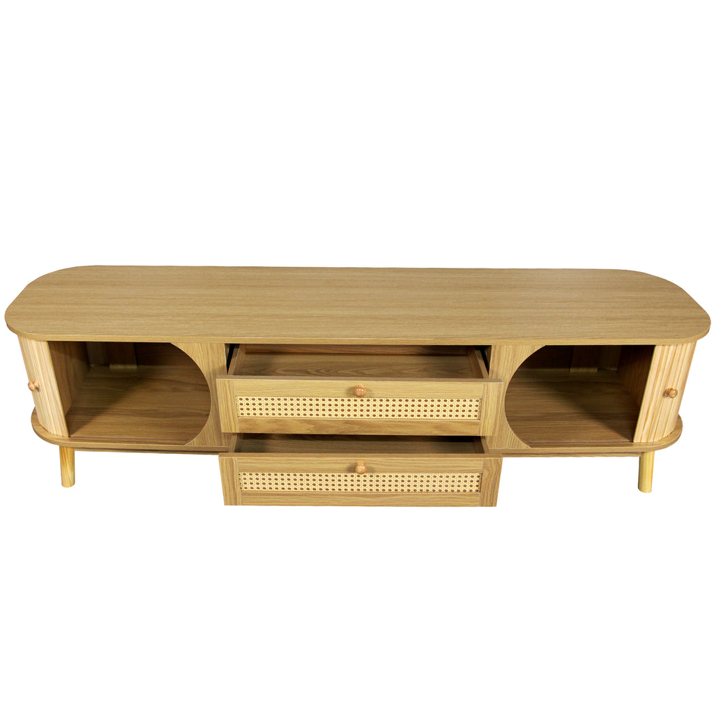 Anthony & Home rattan television console studio with open shelves and modern design, ideal for living room decor.