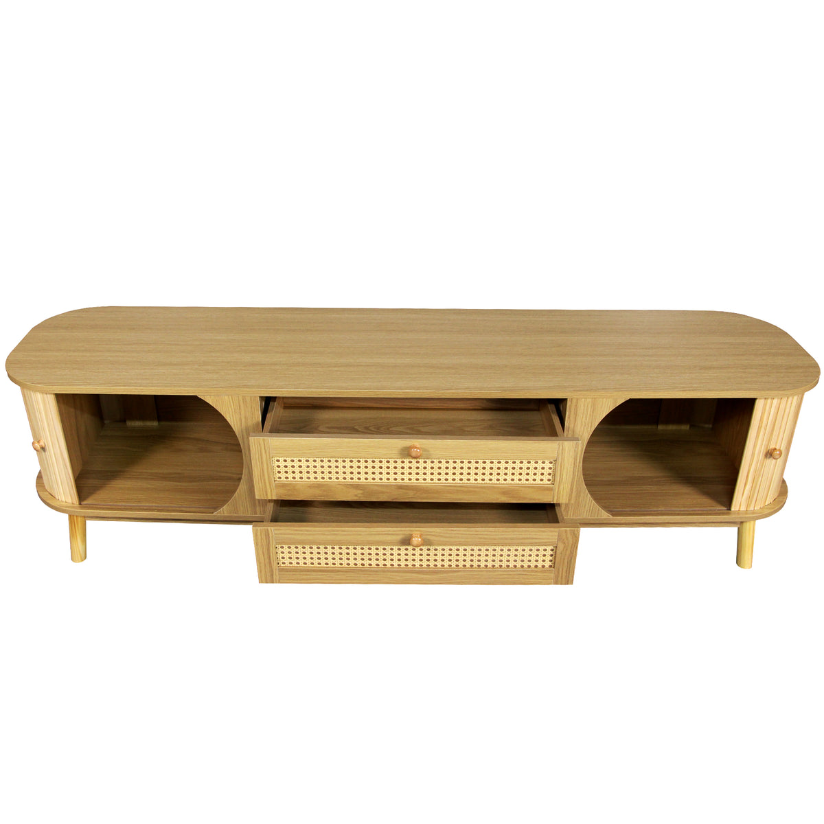 Anthony & Home rattan television console studio with open shelves and modern design, ideal for living room decor.