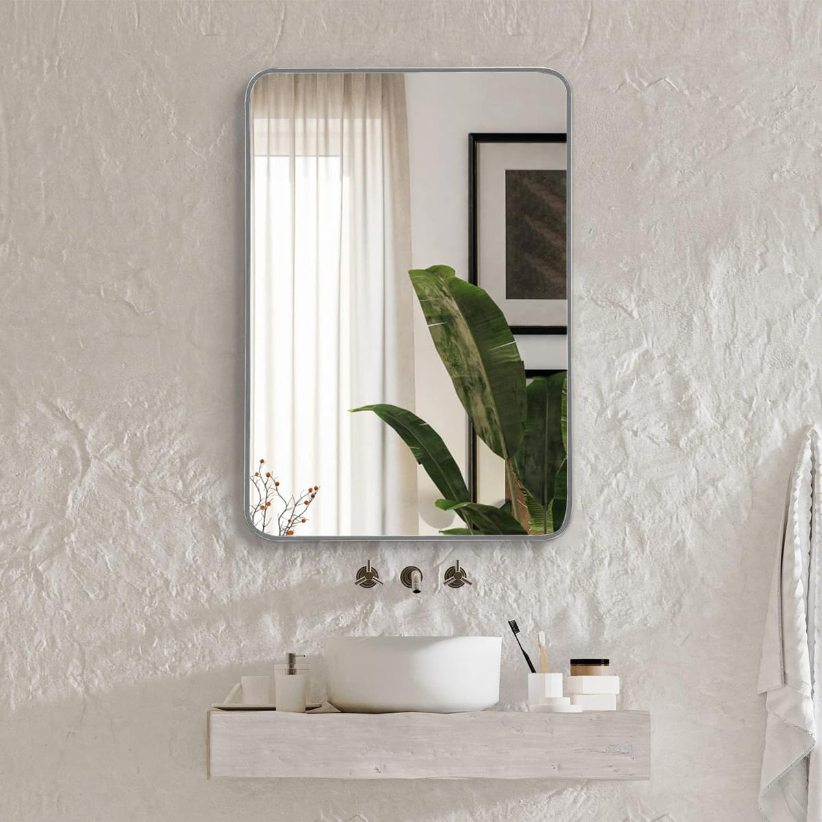 Rectangular bathroom mirror with brushed aluminum frame, 22 x 30 inches, from Anthony & Home Classic Collection.