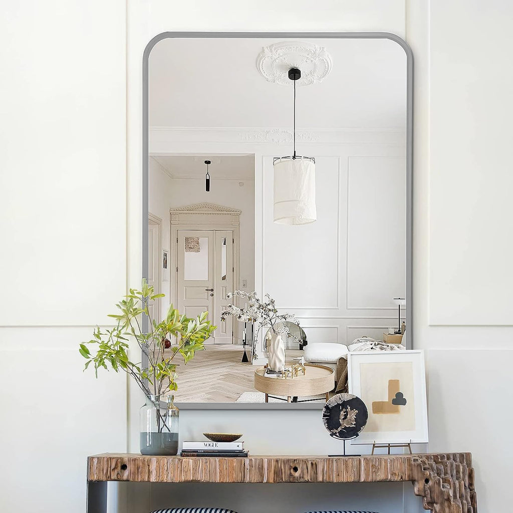 Rectangular bathroom mirror with brushed aluminum frame, 22 x 30 inches, from Anthony & Home Classic Collection.