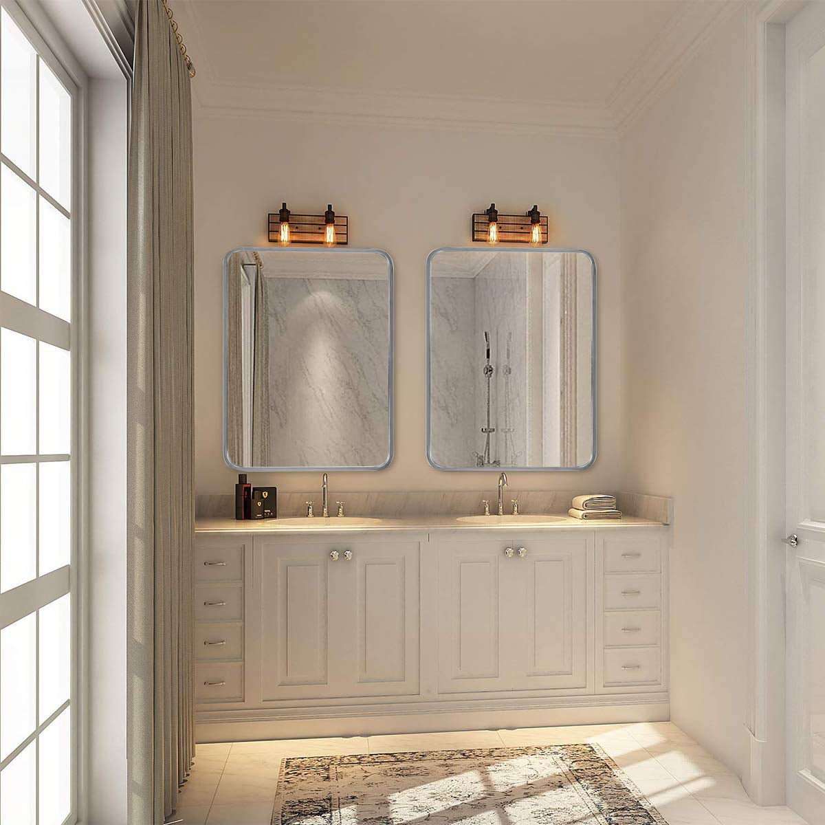 Rectangular bathroom mirror with brushed aluminum frame, 22 x 30 inches from Anthony & Home Classic Collection.