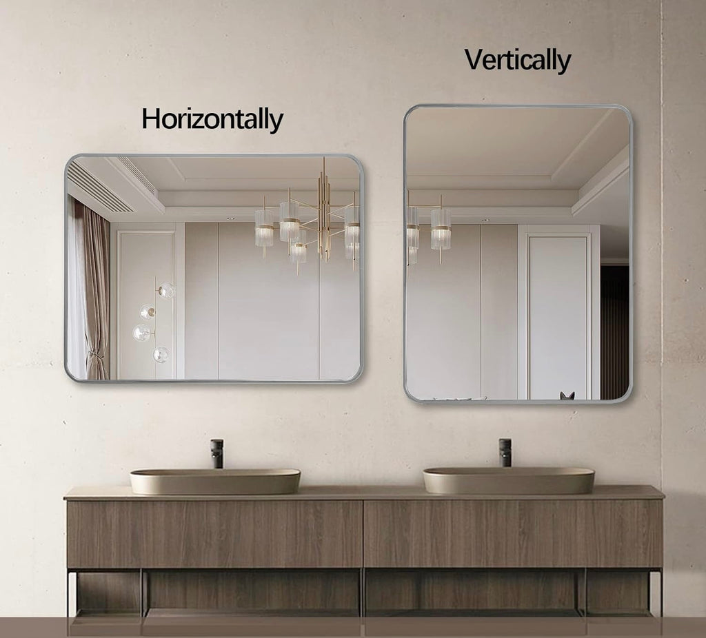Rectangular bathroom mirror with brushed aluminum frame, 22x30 inches, from Anthony & Home Classic Collection, wall-mounted in a modern bathroom.