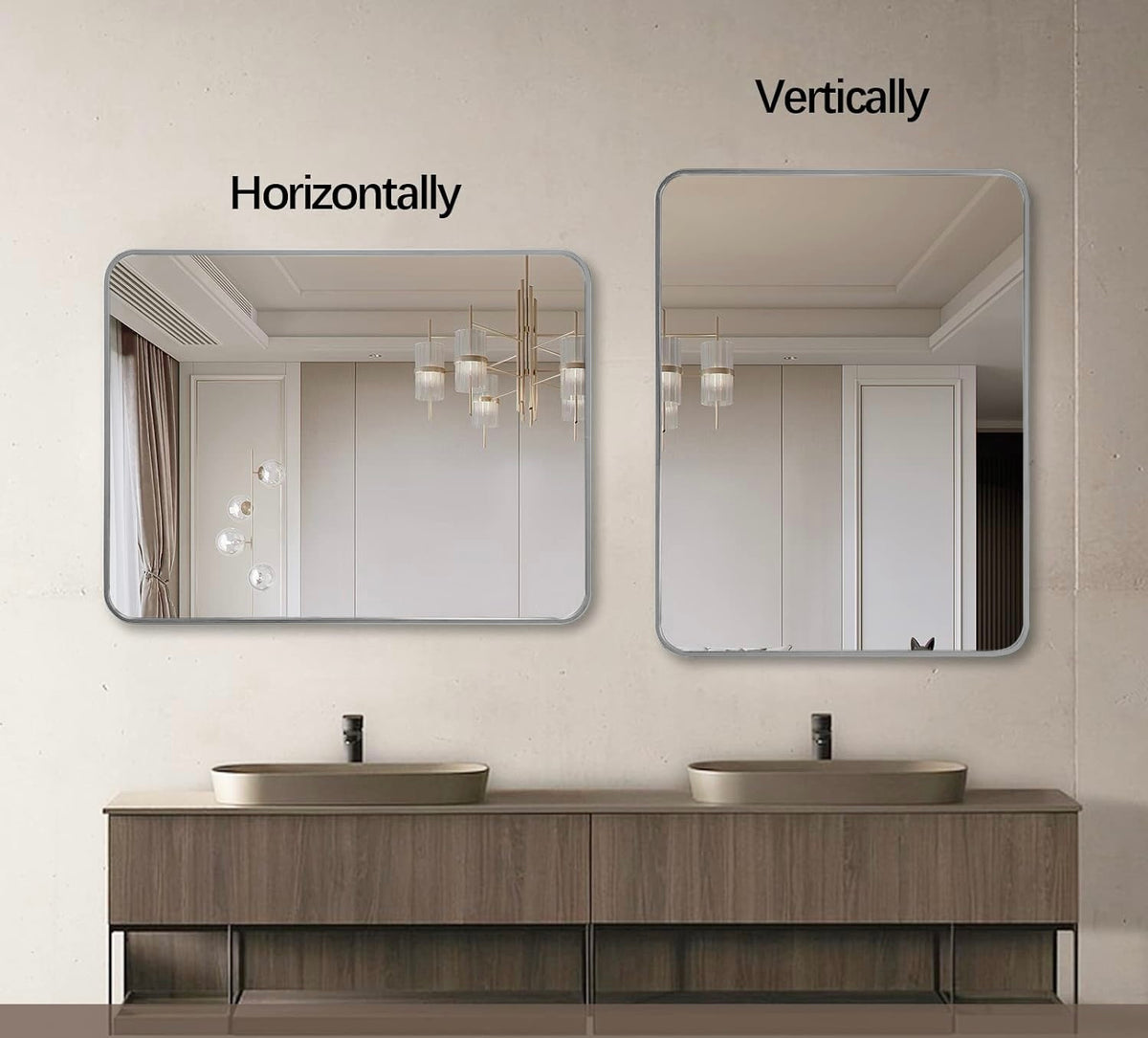 Rectangular bathroom mirror with brushed aluminum frame, 22x30 inches, from Anthony & Home Classic Collection, wall-mounted in a modern bathroom.