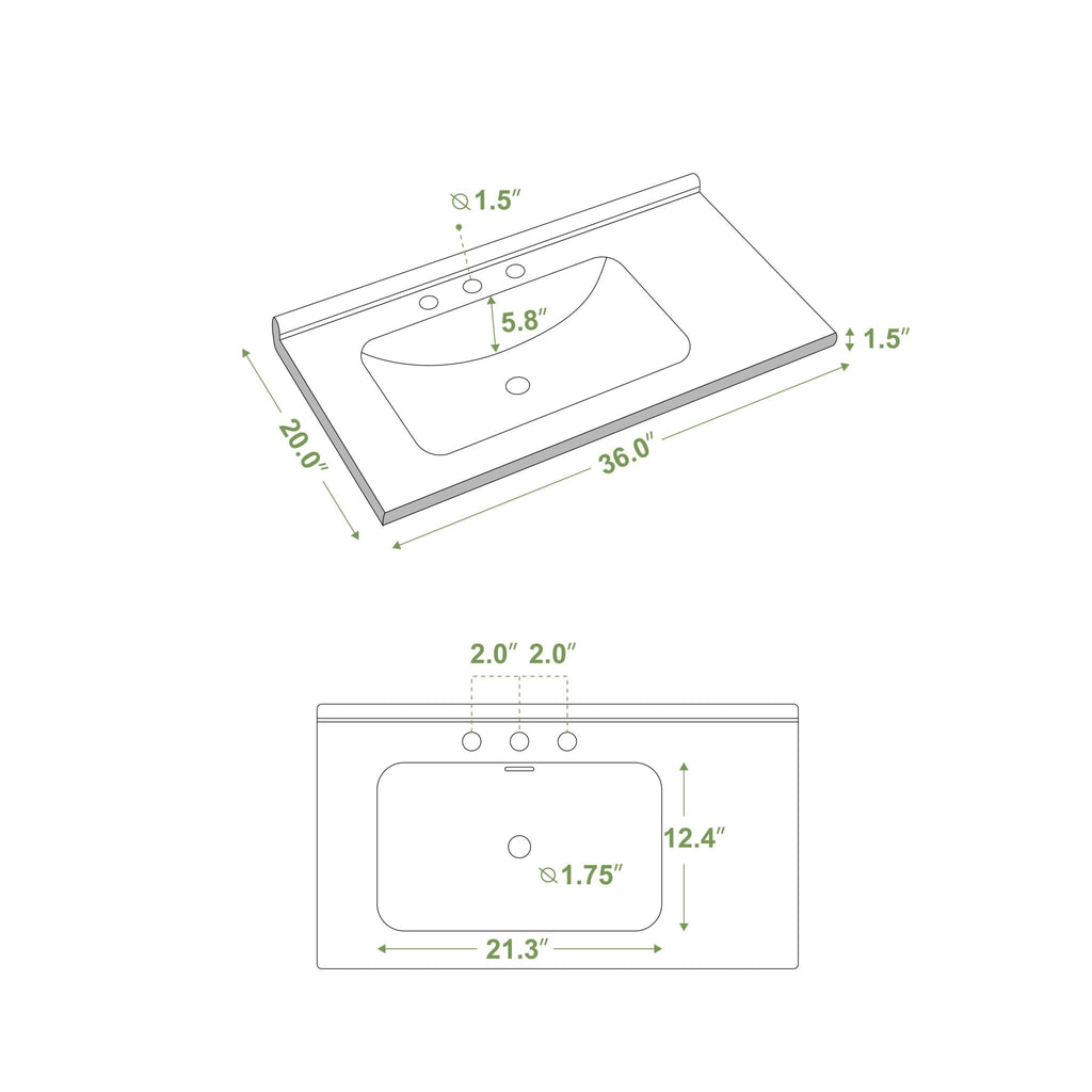 Rectangular porcelain bathroom sink by Anthony & Home with modern design, 36W x 20D countertop installation, Signature Collection