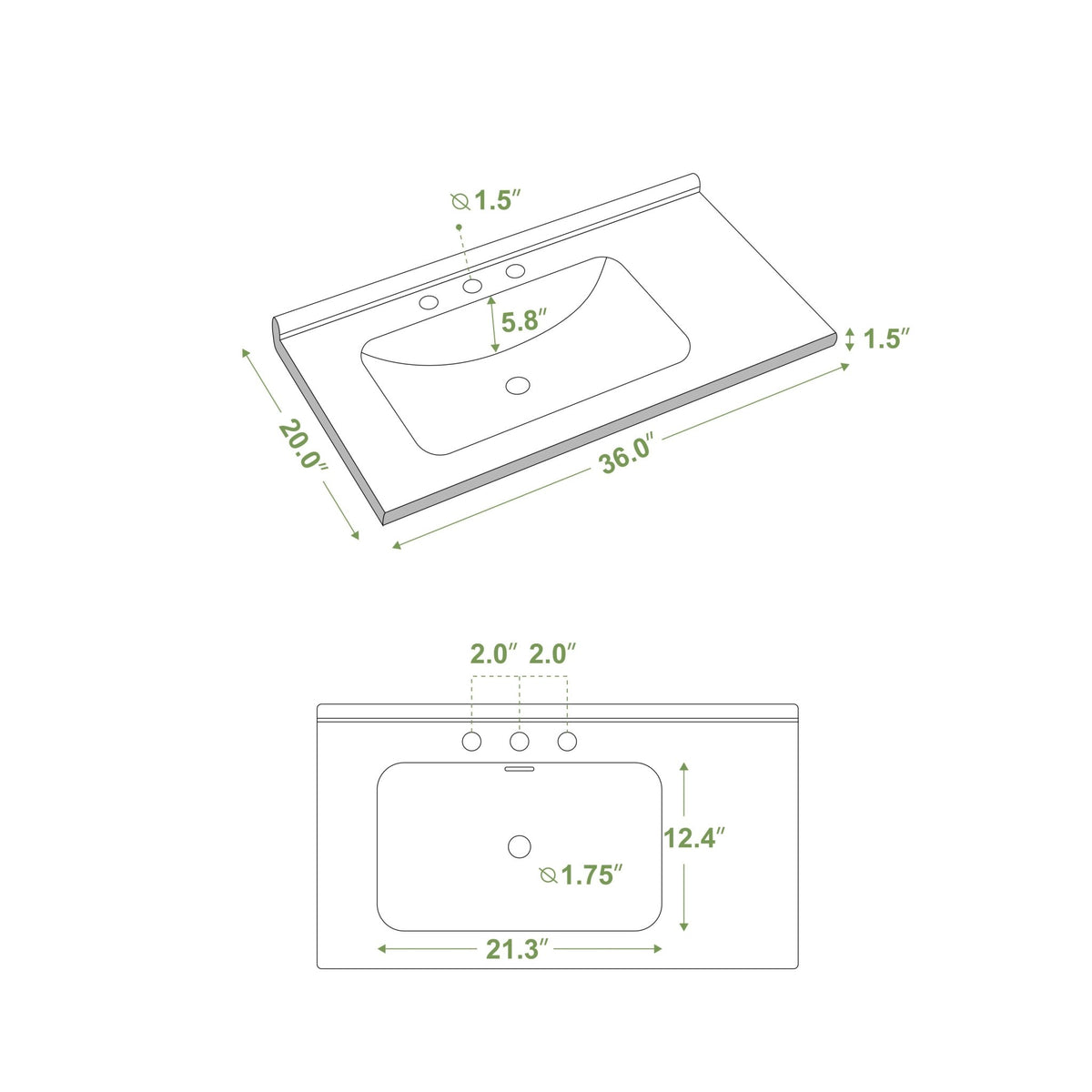 Rectangular porcelain bathroom sink by Anthony & Home with modern design, 36W x 20D countertop installation, Signature Collection