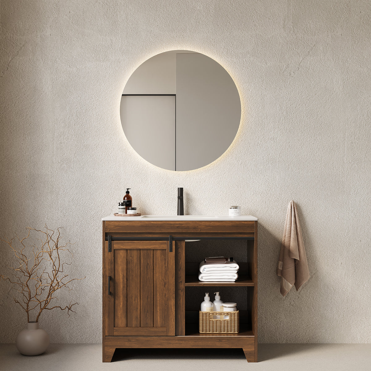 Anthony & Home RIKA Atelier 36-inch bathroom vanity with ceramic basin and sintered stone countertop, modern bathroom furniture.