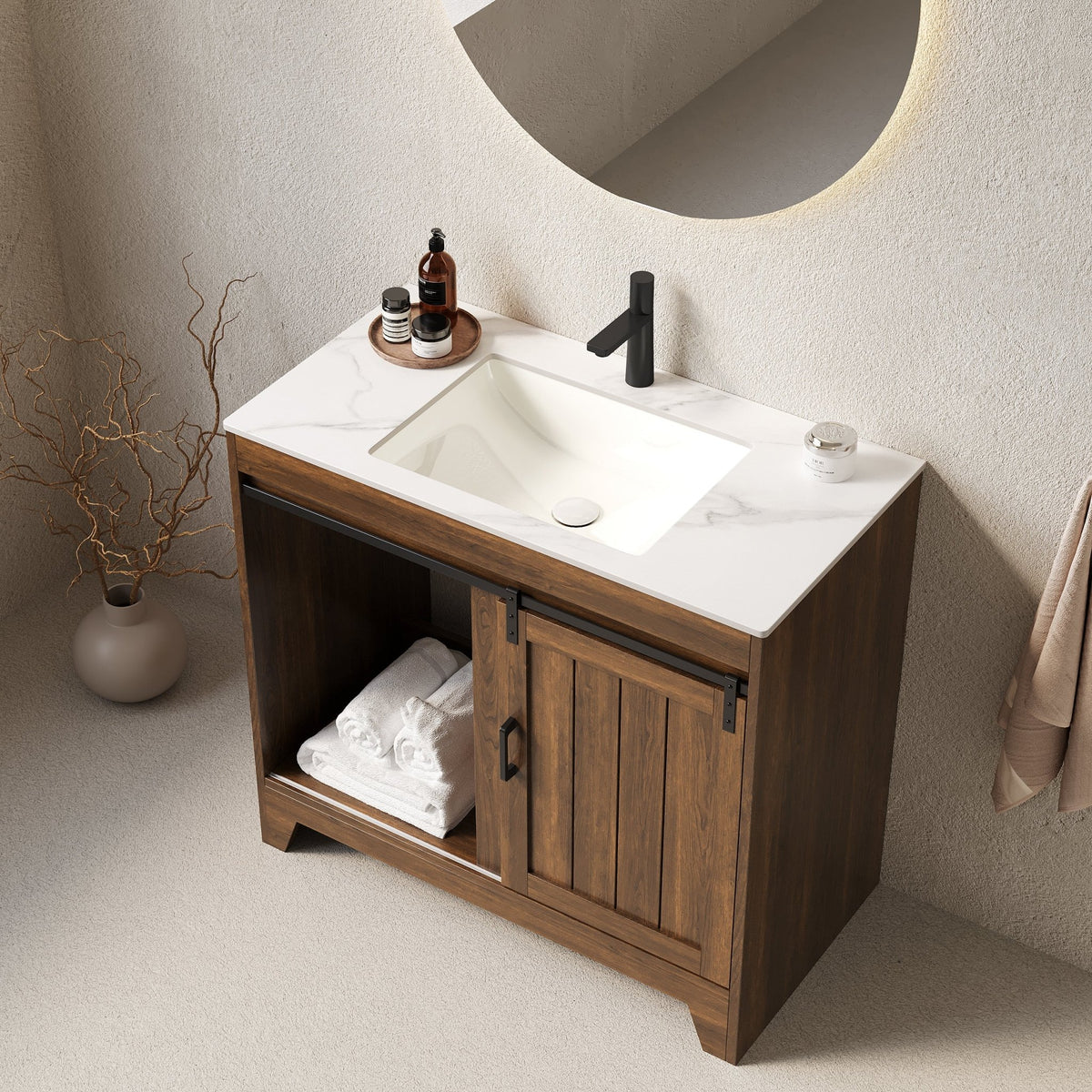 Anthony & Home RIKA Atelier 36-inch bathroom vanity with sintered stone countertop and ceramic basin, modern bathroom furniture.