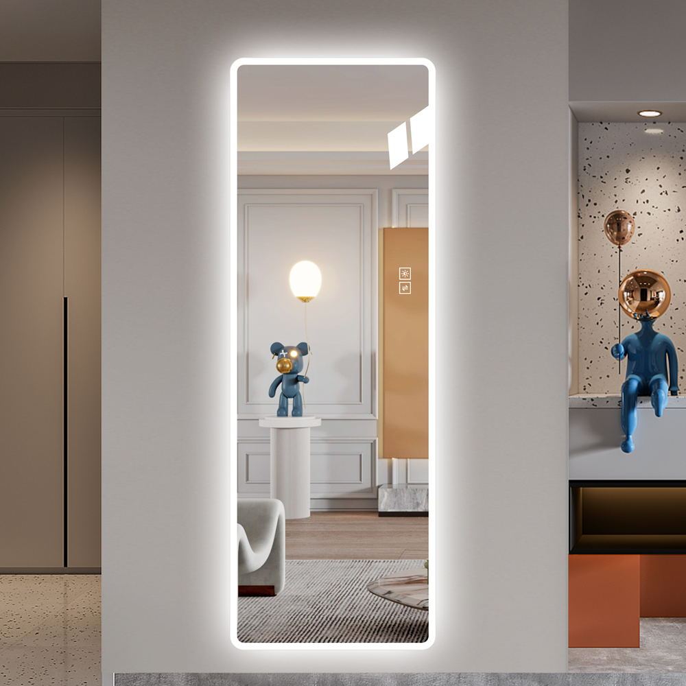 Wall-mounted rimless LED vanity mirror with 5mm silver glass from Anthony & Home's Atelier Collection, full-length design.