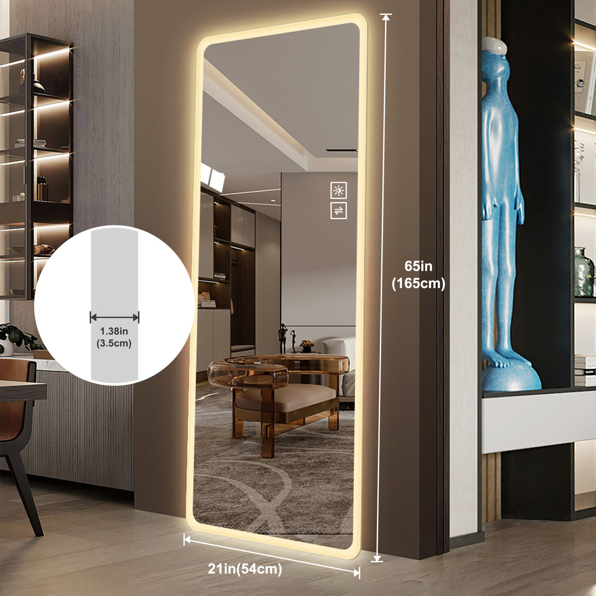 Anthony & Home Rimless LED vanity mirror with wall mount, 5mm silver glass, full-length design from the Atelier Collection
