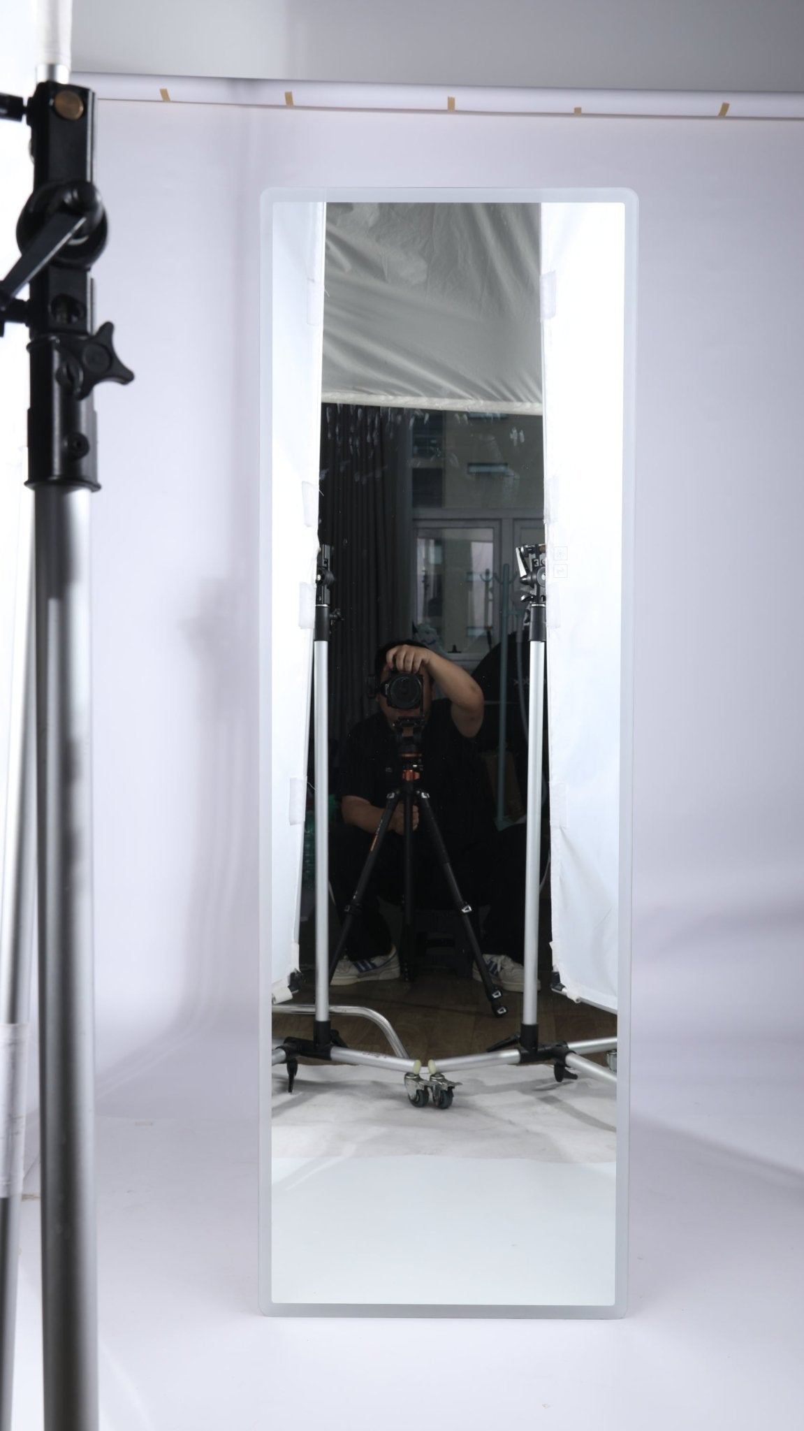 Wall-mounted Anthony & Home Rimless LED vanity mirror with 5mm silver glass, full-length design from the Atelier Collection.